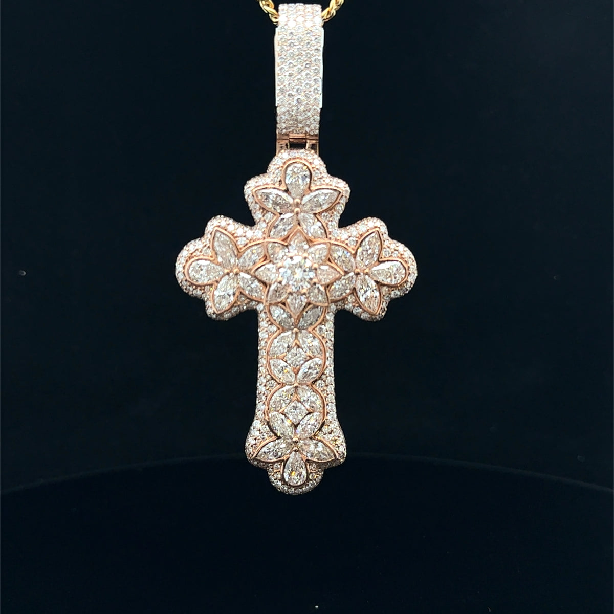10K Rose Gold Cross Pendant with Round and Fancy Cut Diamonds