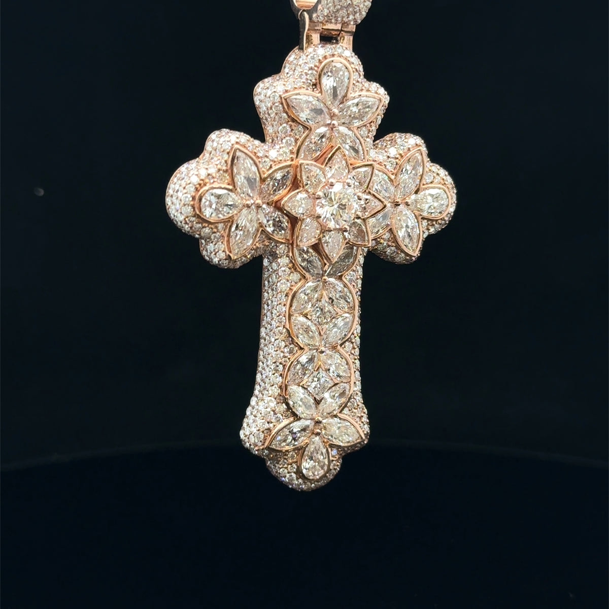 10K Rose Gold Cross Pendant with Round and Fancy Cut Diamonds