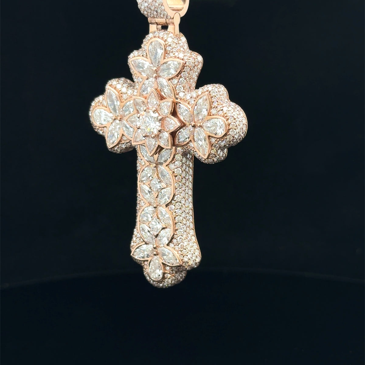 10K Rose Gold Cross Pendant with Round and Fancy Cut Diamonds