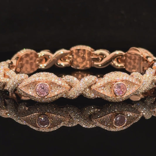 Rose Gold and Diamond Evil Eye Bracelet with round diamonds and pink stones